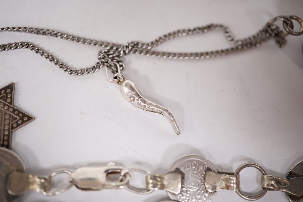 An early 1960's Georg Jensen sterling brooch, no. 339 (designed by Henning Koppel, 58mm, together with a small group of jewellery and other items including a pair of silver oval cufflinks, a Persian coin necklace, a 14ct